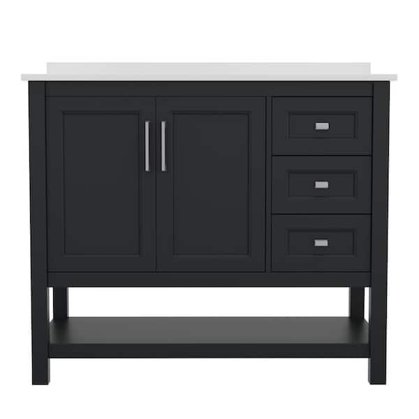 Carnegy Avenue Vega 42 in. Black Bathroom Vanity with Sink, Cabinet, Open Shelf, 3 Drawers, White Faux Carrera Marble Stone Countertop