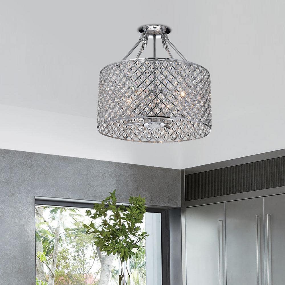 Chrome Crystal Drum Semi-Flush Mount Chandelier, 17-inch