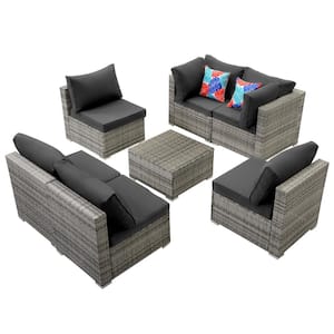 7-Piece Gray Wicker Outdoor Patio Sectional Sofa Conversation Set with Gray Cushions