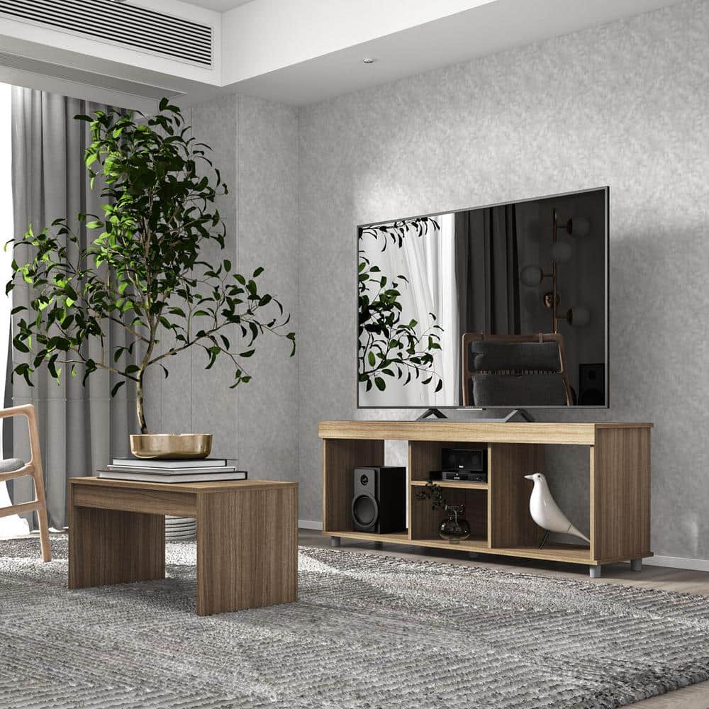 Polifurniture 2-Piece Walnut Living Room Set with TV Stand and Coffee Table