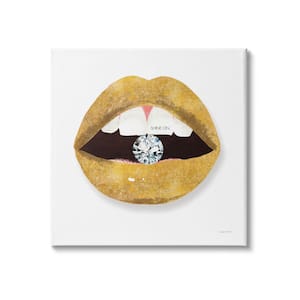 Shine Sentiment Gold Lips Diamond Bite by Mercedes Lopez Charro Unframed Print Abstract Wall Art 36 in. x 36 in.