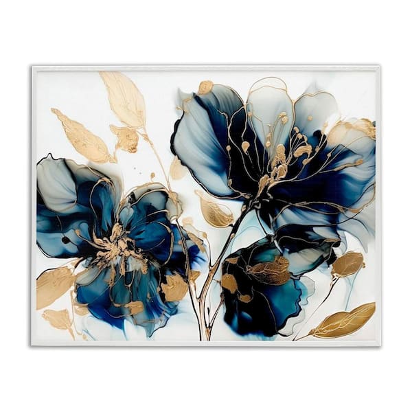 Stupell Industries Blue Swirling Modern Flowers by LSR Design Studio 1-Piece White Framed Nature Giclee Art Print 30 in. x 24 in.