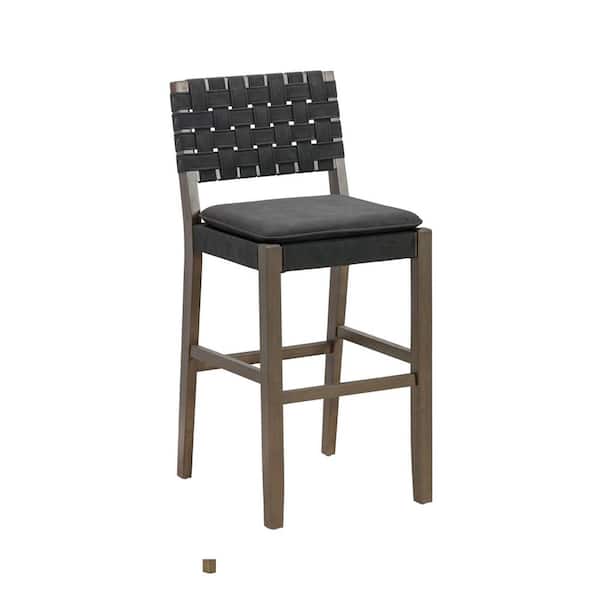 Cohen 29 in. Wood Mid-Century Faux Leather Counter Height Bar Stool, with Woven Back for Kitchen, Black
