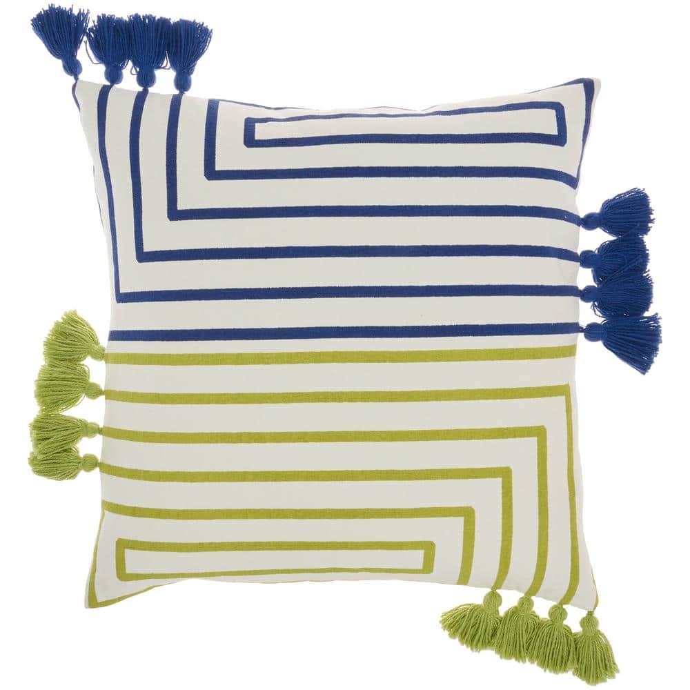 Lime Blue Cotton Square Throw Pillow with Tassels