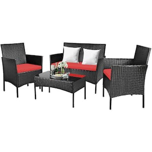 4-Pieces Rattan Patio Cushioned Sofa Set with Tempered Glass Coffee Table and Red Cushions