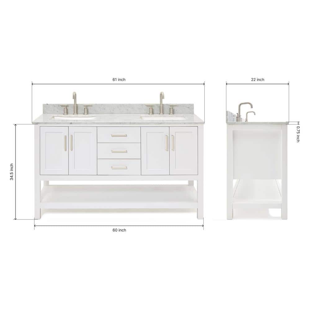 Magnolia 61" White Double Basin Freestanding Vanity with Carrara Top
