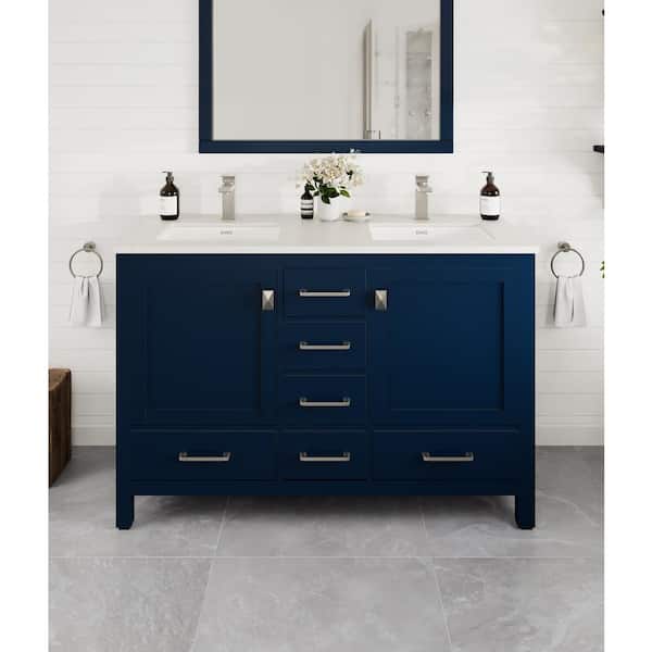 London 48 in. Double Sink Blue Bath Vanity with White Carrara Quartz Top (Assembled)