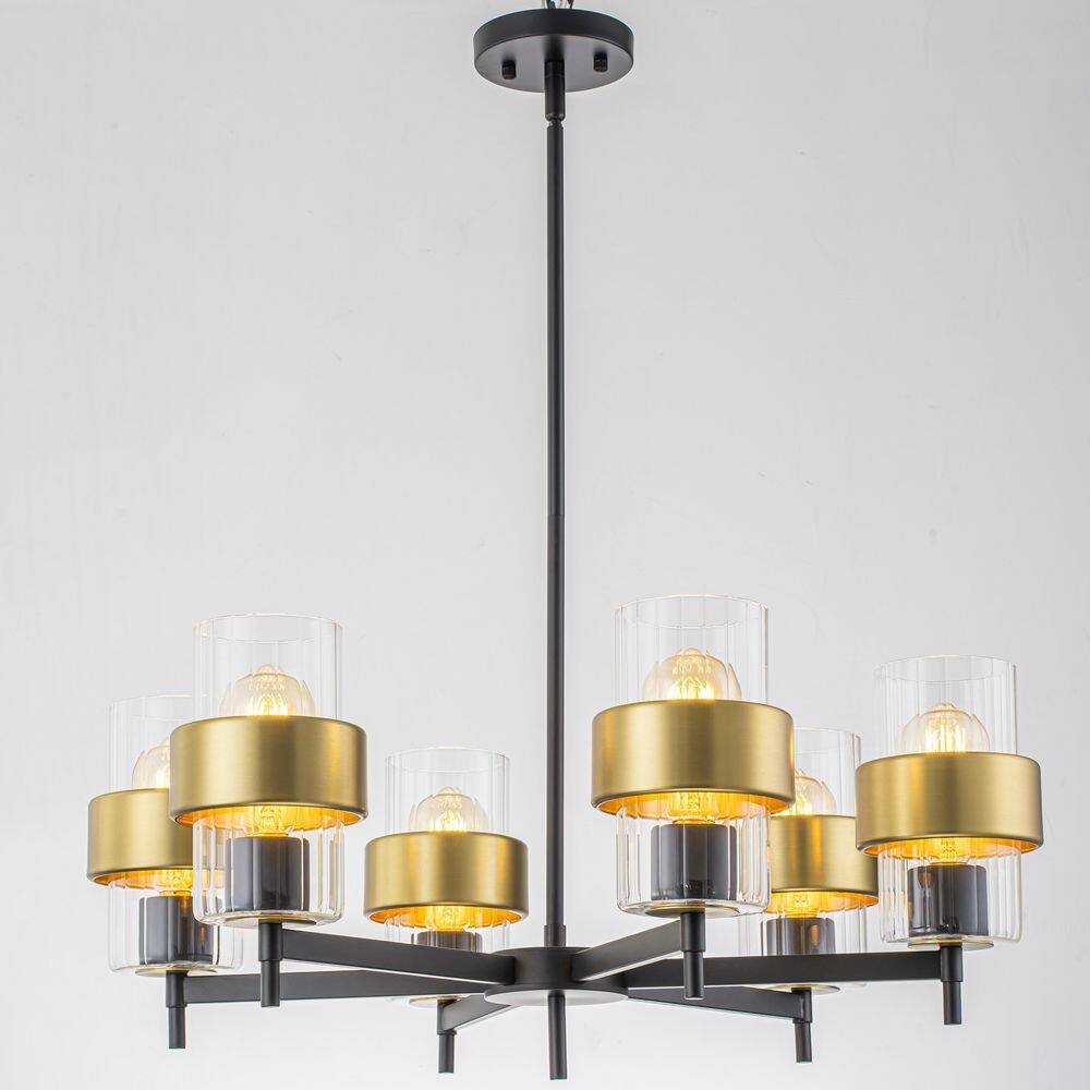 27 in. 6-Light Matte Black and Gold Iron Chandelier with Clear Ribbed Glass Shades price history on PriceWatchPro