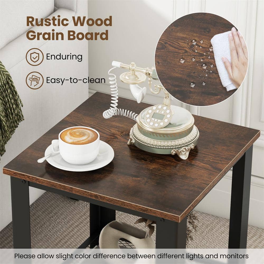 Industrial Black Metal and Wood 2-Tier End Table