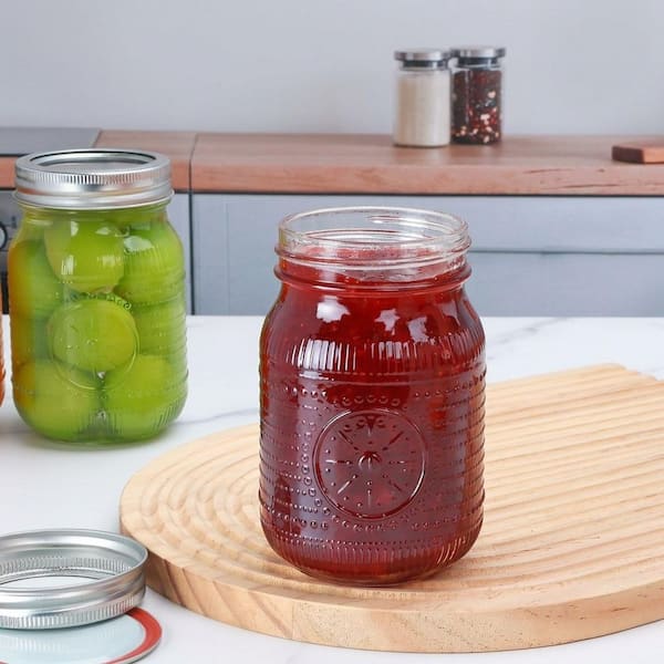 Vintage Embossed Glass Mason Jars with Food Storage Lids, Airtight Metal Seal, 16-Pack, 16 oz., for Canning