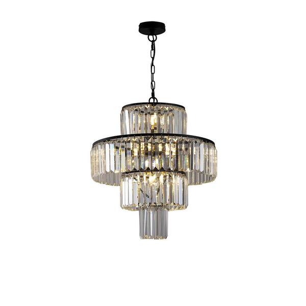HKMGT 19.7 in. W 4-Tier 12-Light Black Crystal Chandelier for Living Room and Kitchen Island with No Bulbs Included