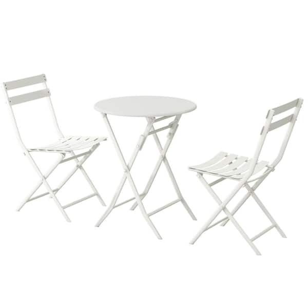 3-Piece Metal Round Outdoor Bistro Set, Folding Patio Table and 2-Chairs for Balcony, Garden, Living Room in White