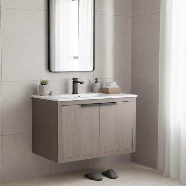 Kingsford 24 in. Single Wall Mounted Gray Oak Bath Vanity with Doors with White Ceramic Sink Top