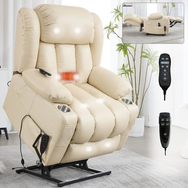 Beige Leatheraire Power Lift Recliner Chair with Massage and Lumbar Heating, Stainless Steel Cup Holders