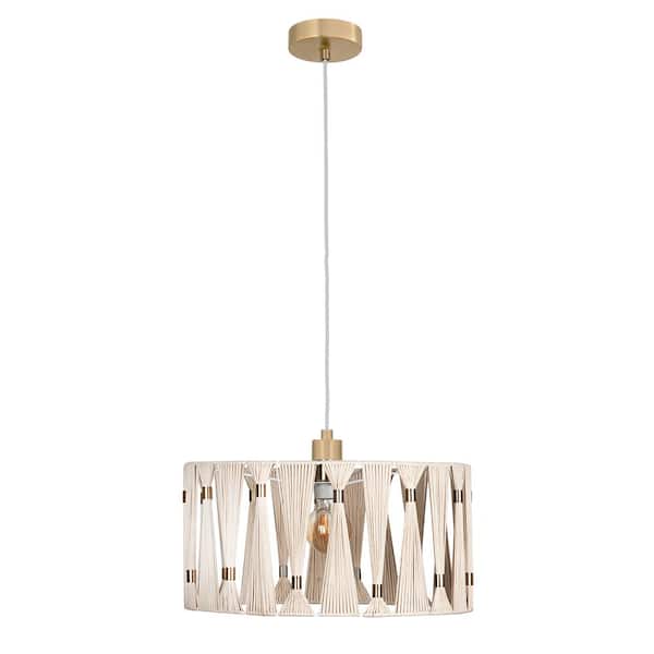 Eglo Macclenny 19 in. W 1-Light Brushed Brass Statement Pendant Light with Beige/Brushed Brass Textile Thread Drum Shade