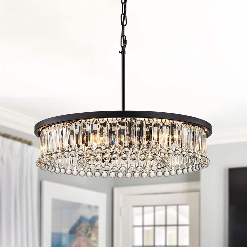 シャンデリア17 TinHon 6-Light Modern Black Crystal Chandelier with Round Drum