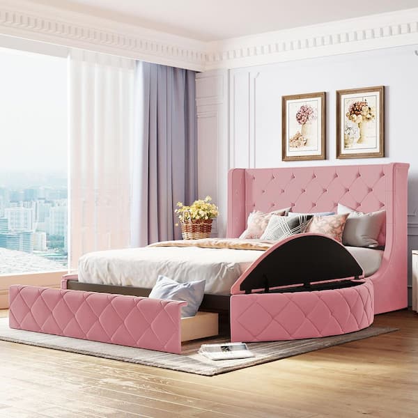 Pink Wood Frame Queen Upholstered Platform Bed with Wingback Headboard, 2-Side Storage Stool and 1-Big Drawer