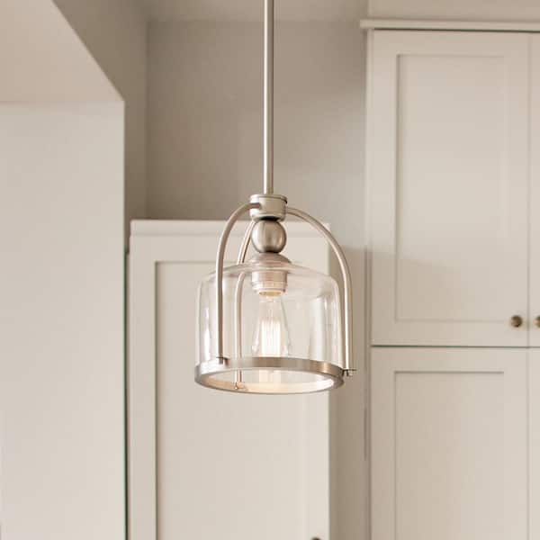 1-Light Brushed Nickel Transitional Shaded Kitchen Mini Pendant Hanging Light with Clear Glass