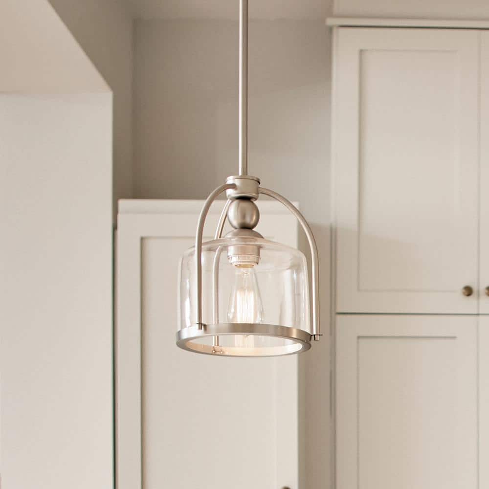 Transitional Brushed Nickel Mini Pendant with Clear Glass Shade