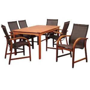 Bahamas 7-Piece Eucalyptus Rectangular Patio Dining Set with Brown Sling Seat