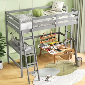 Grey Twin Loft Bed Frame with Desk Angled and Built in Ladder Solid Wooden Frame