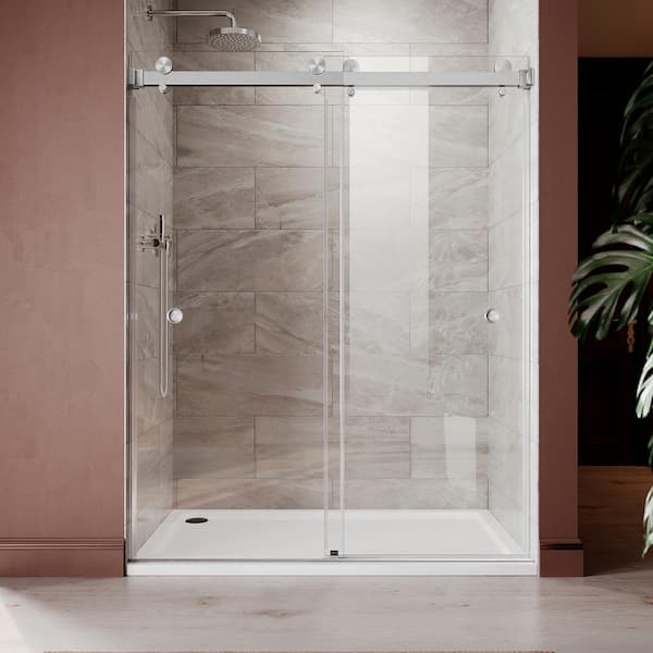 UKD01 56 to 60 in. W x 76 in. H Double Sliding Frameless Shower Door in Brushed Nickel, EnduroShield 3/8 in. Clear Glass
