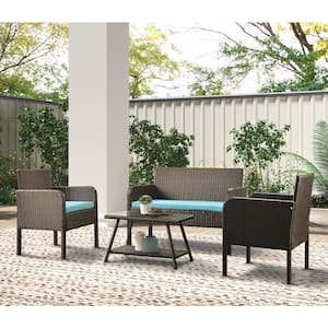 Transitional 4-Piece Brown Wicker Outdoor Conversation Set with Blue Cushions