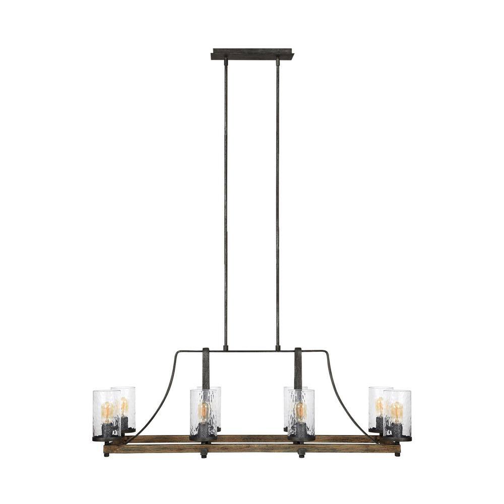 Rustic 8-Light Linear Chandelier in Distressed Weathered Oak and Slate Grey Metal