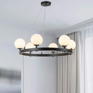 6-Lights Matte Black Modern/Contemporary Wagon Wheel Round Chandelier with Globe Etched Opal Glass Shade