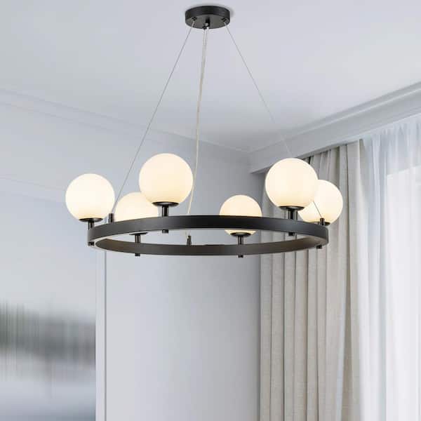 GoYeel 6-Lights Matte Black Modern/Contemporary Wagon Wheel Round Chandelier with Globe Etched Opal Glass Shade
