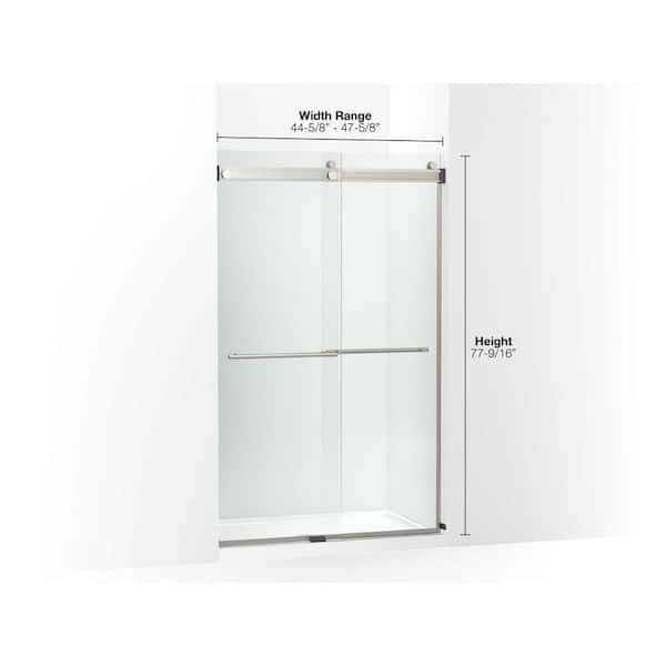KOHLER Levity 44-48 in.W x 74 in. H Sliding Frameless Shower Door in Vibrant Brushed Moderne Brass with Clear Glass KOHLER Levity 44-48 in.W x 74 in. H Sliding Frameless Shower Door in Vibrant Brushed Moderne Brass with Clear Glass