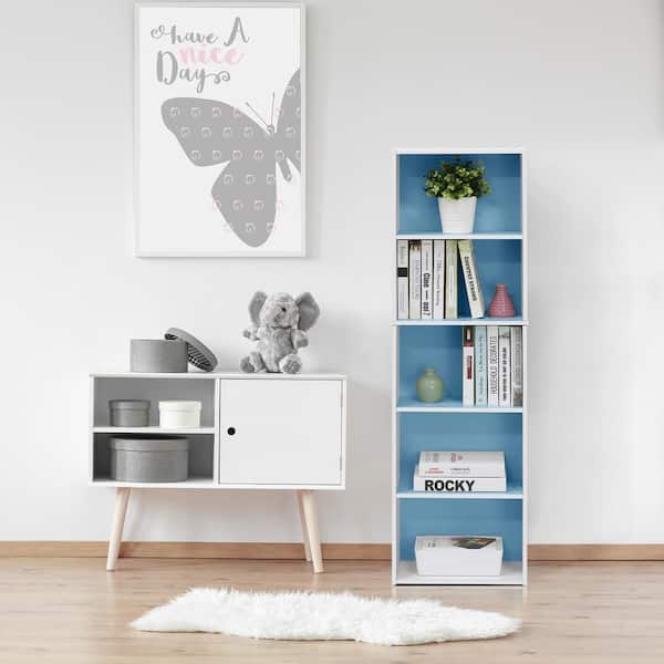 Furinno Tropika 52 in. Light Blue/White Faux Wood 5-shelf Standard Bookcase with Storage