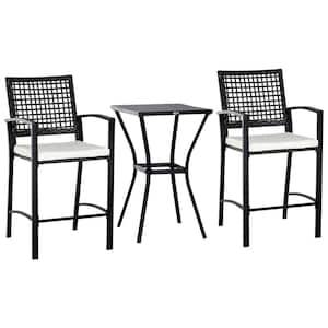 3-Piece All-Weather Steel Patio Outdoor Bar Bistro Furniture Set with White Cushions, Middle Table