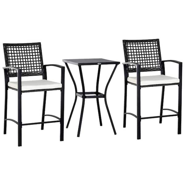 Outsunny 3-Piece All-Weather Steel Patio Outdoor Bar Bistro Furniture Set with White Cushions, Middle Table