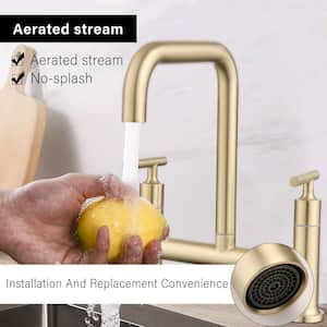 PLATO Double Handle Bridge Kitchen Faucet with 360° Rotating Nozzle in Brushed Gold