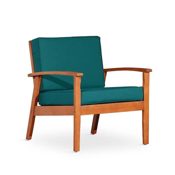 Unbranded Natural Oil Deep Seat Eucalyptus Wood Outdoor Lounge Chair with Dark Green Cushions