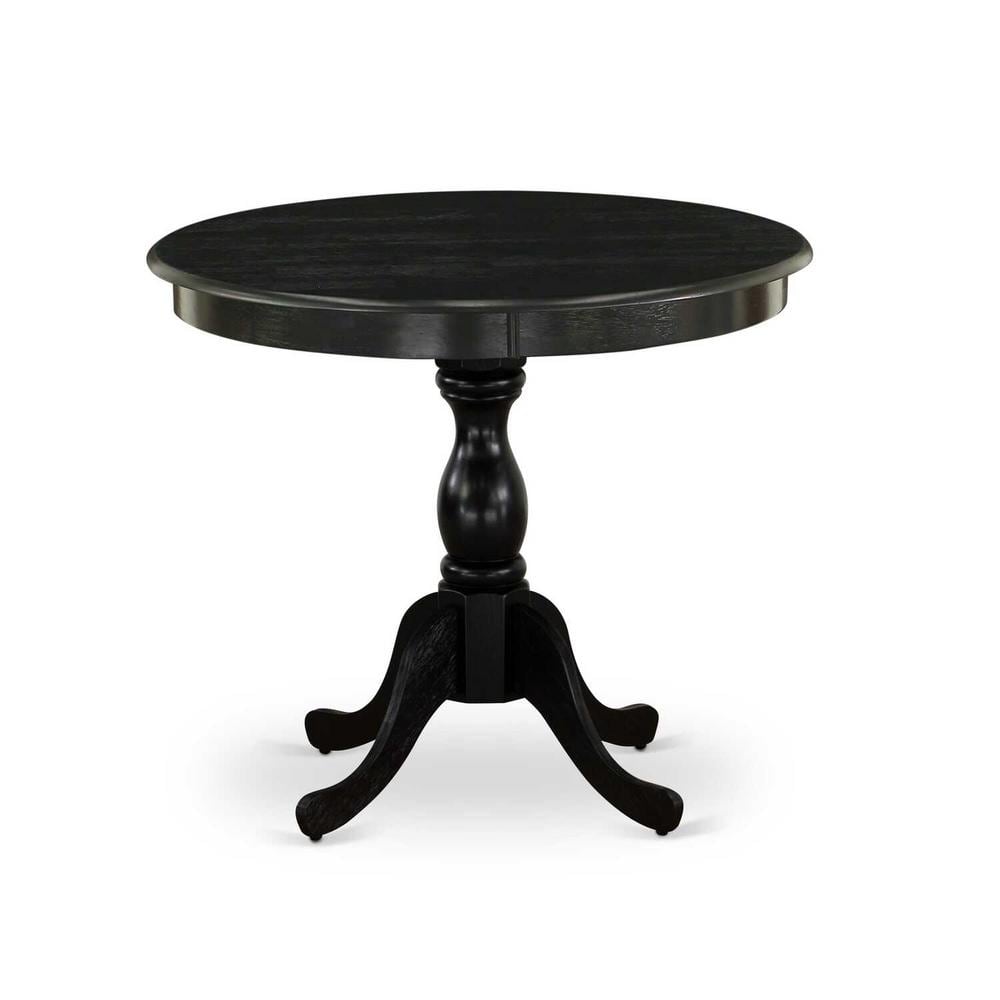 Wire Brushed Black Round Pedestal Dining Table Set with Dark Gotham Grey Linen Chairs