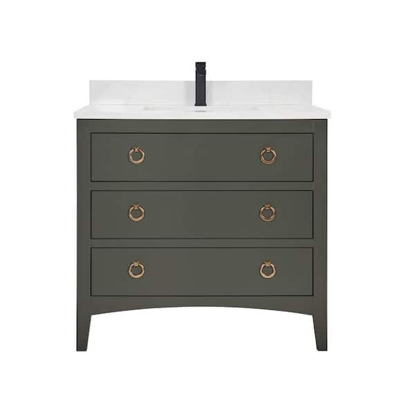 French Contemporary 36in. 1 Freestanding Pewter Green Bath Vanity with White Artificial Stone Top Assembled Bath Vanity