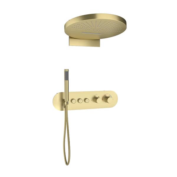 Double Handles 3-Spray Patterns 16 in. Wall Mount Thermostatic Shower Faucet 2.5GPM with Handheld Shower in Brushed Gold
