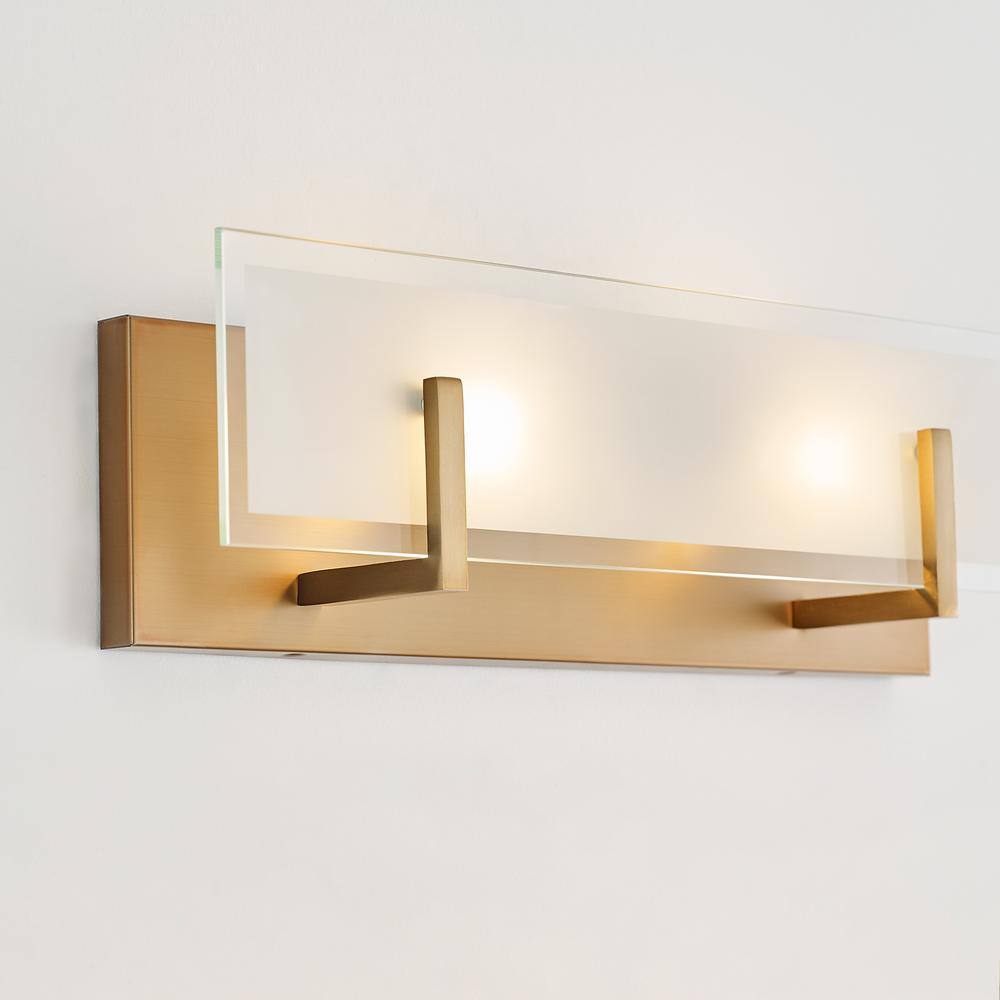 Satin Brass 2-Light Vanity Fixture with Frosted Beveled Glass
