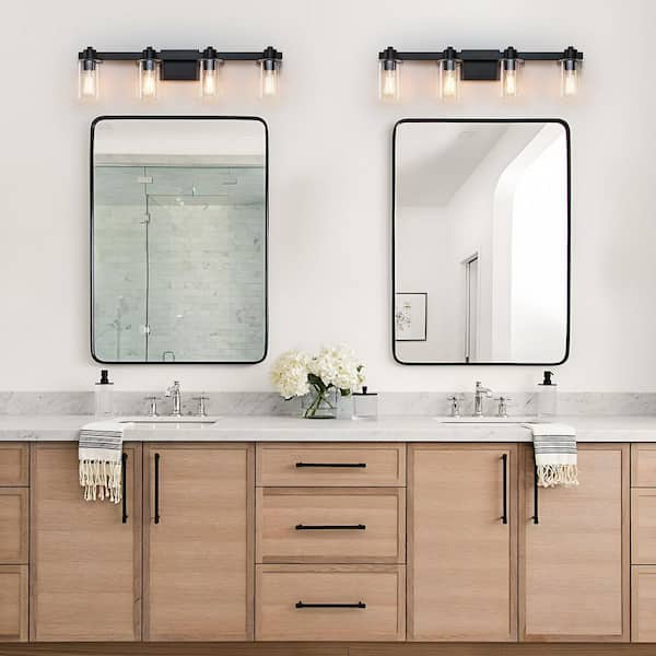 32 in. 4 Light Matte Black Vanity Light with Clear Glass Shades