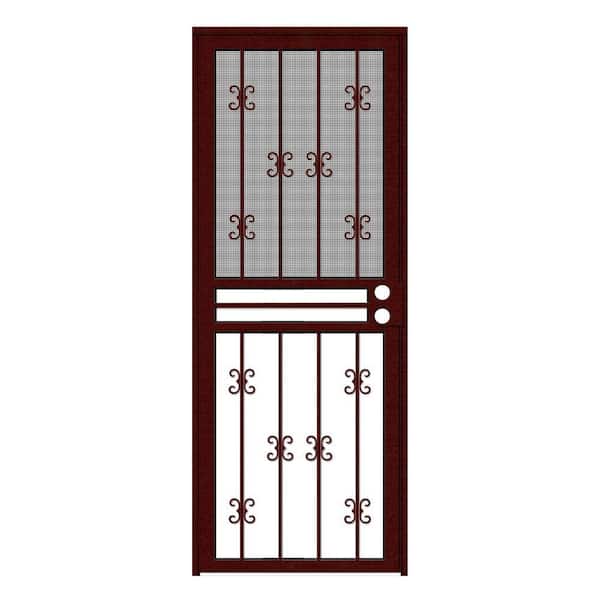 Unique Home Designs 32 in. x 80 in. Moorish Lace Wineberry Recessed Mount All Season Security Door with Insect Screen and Glass Inserts