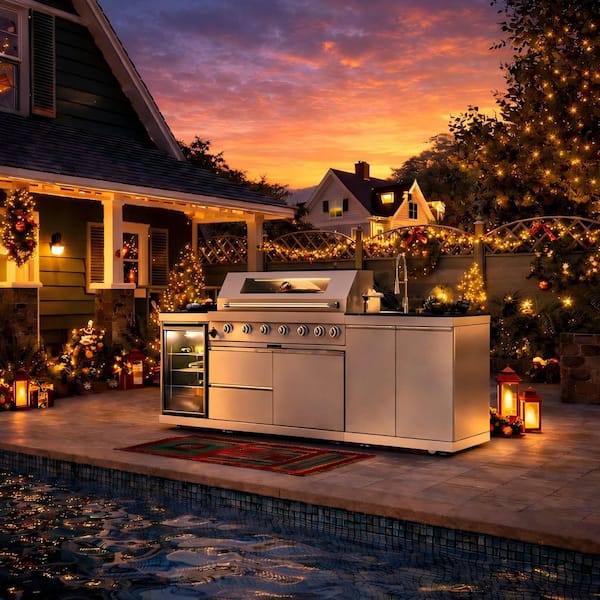 6-Burner Propane Gas Grill Island with Rotisserie Outdoor Rated Refrigerator and Sink Cabinet in Stainless Steel