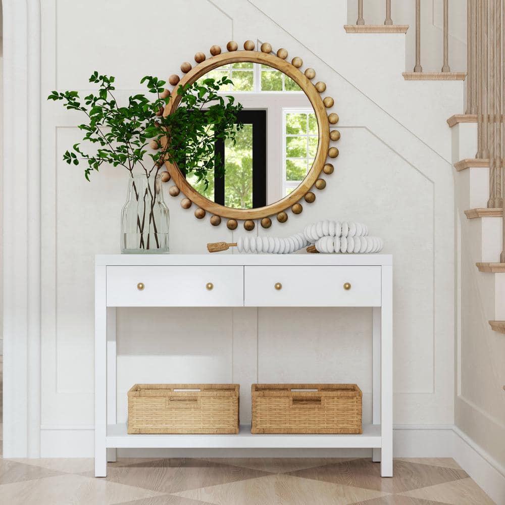 White Rectangular Wood Console Table with Storage Drawers
