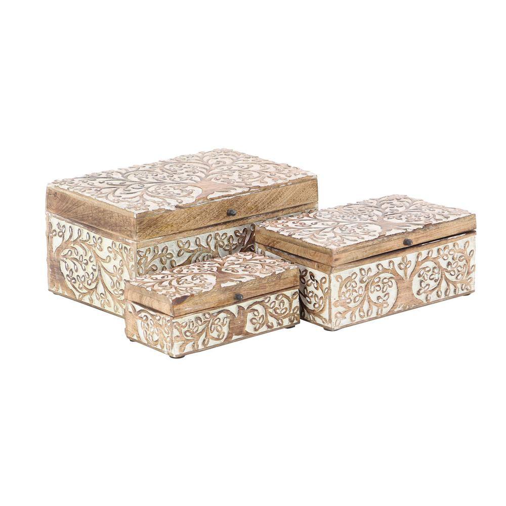 Set of 3 Brown Mango Wood Floral Decorative Boxes