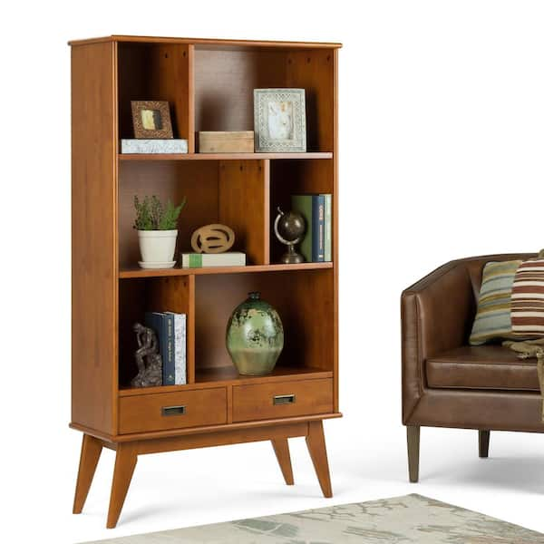 Simpli Home Draper 64 In H Teak Brown Wood 3 Shelf Accent Bookcase With Drawers 3axcdrp 13 Tk The Home Depot