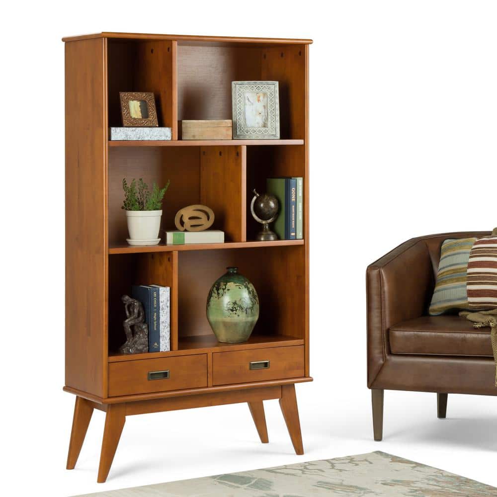 Teak Brown 64" Wood Bookcase with Cubes and Drawers
