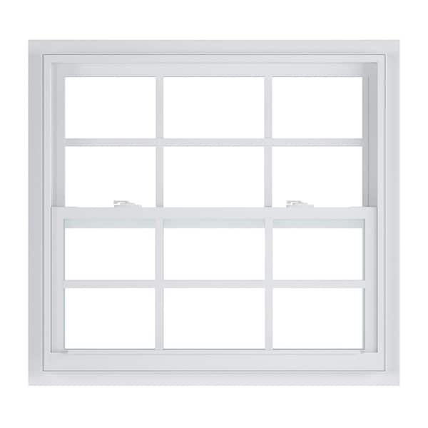 American Craftsman 35.25 in. x 35.375 in. 50 Series Low-E Argon Glass Single Hung White Vinyl Fin Window with Grids, Screen Incl