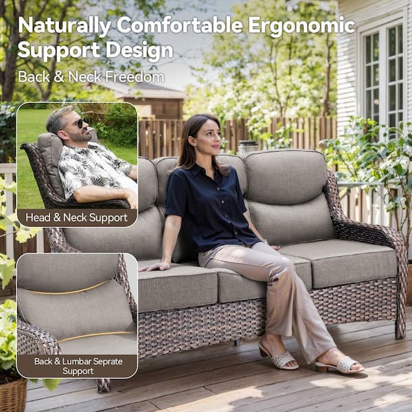 Luxurious 3-Seat Brown PE Wicker Outdoor Couch with 6 in. Olefin Gray Cushions/Patio Sofa Furniture