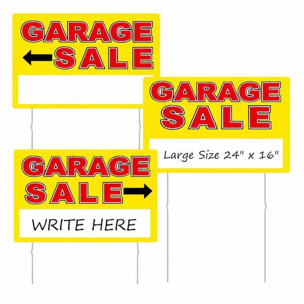 3 Pack Double-Sided 24 x 16 Inch Corrugated Plastic Garage Sale Signs with Metal Stakes, Yellow, Weatherproof